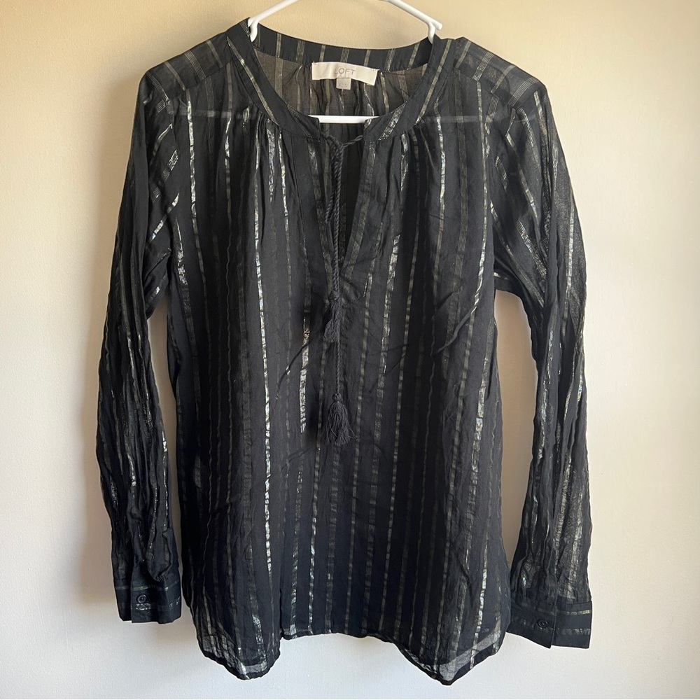 Loft Black Gold Metallic Tassel Tie Long Sleeve Blouse